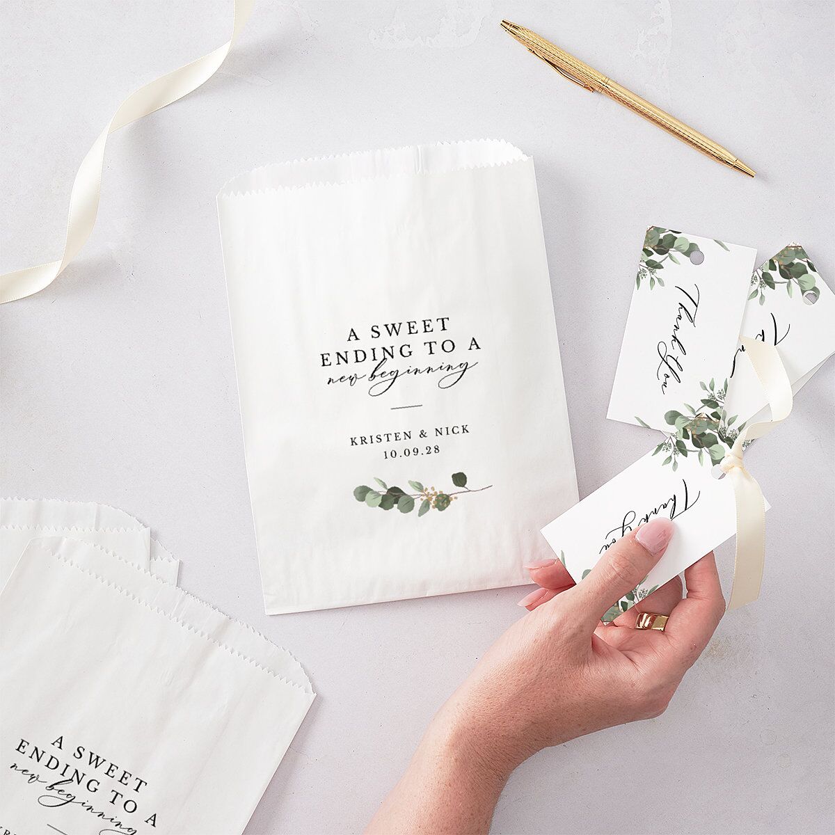 Eucalyptus Frame Favor Gift Tags No Foil Pure White Signature