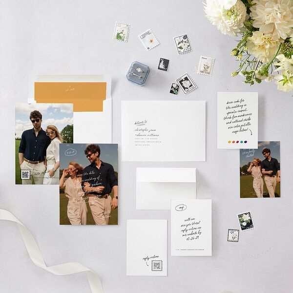Sunny Day Modern Script Save the Date Cards Pure White Signature smooth Blank No Standard