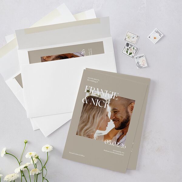 Checked Save the Date Cards Taupe Signature smooth Blank No