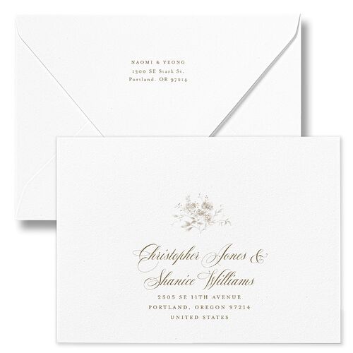 Vintage Florals Wedding Invitation Euro Envelopes White Sepia Return Address Luxe Signature
