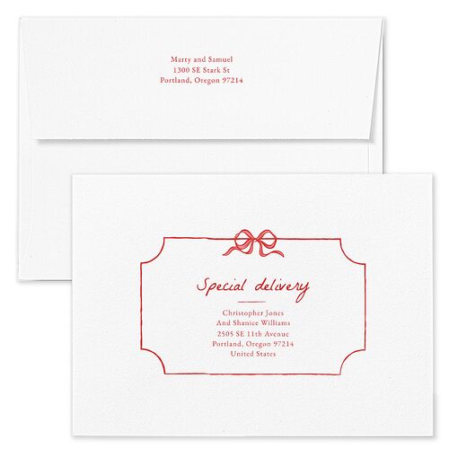 Vintage Bow Frame Holiday Card Envelopes Blue Ruby Both Recipient and Return Addresses Standard Signature