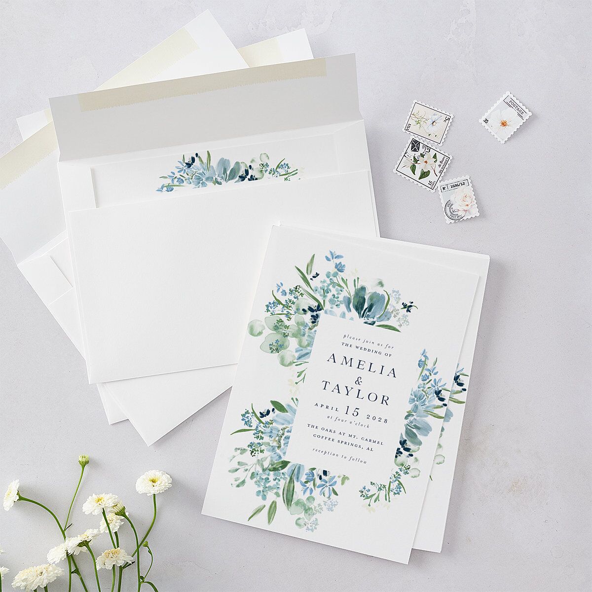 In Bloom Wedding Invitations Moody Blue Signature Blank No Standard