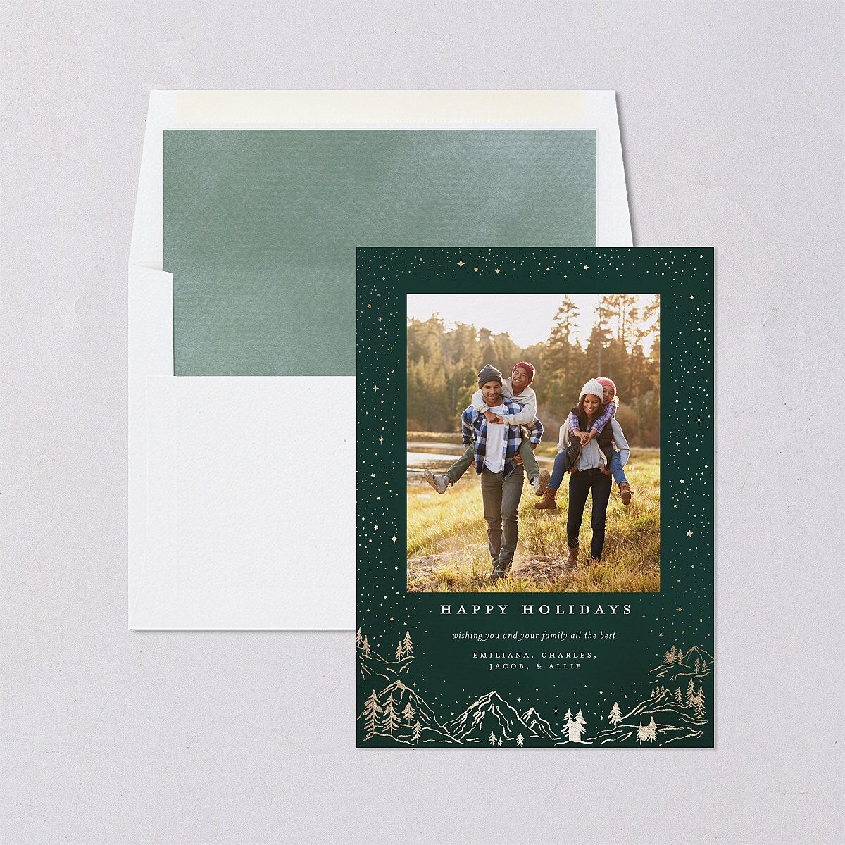 Mountain Retreat Holiday Cards Gold Dark Green Signature