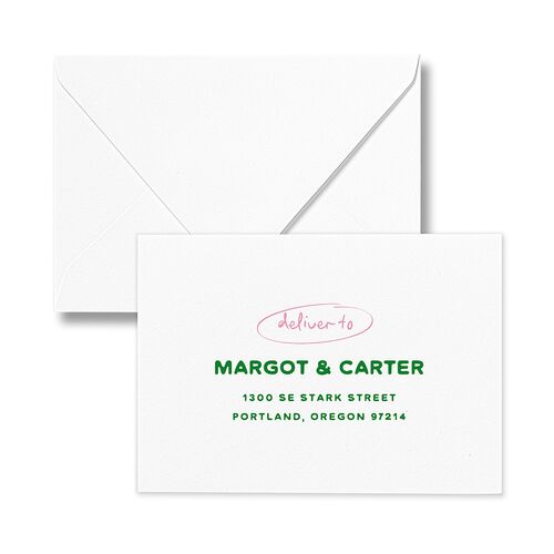 Whimsically Retro Handwritten Note Response Card Euro Envelopes Kelly Green White Return Address Luxe