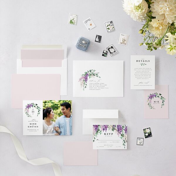 Romantic Wisteria Save The Date Cards Purple Petal Signature smooth Blank No Rounded