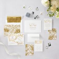 Vintage Toile Foil Save the Date Cards Gold Marigold Signature smooth Blank No