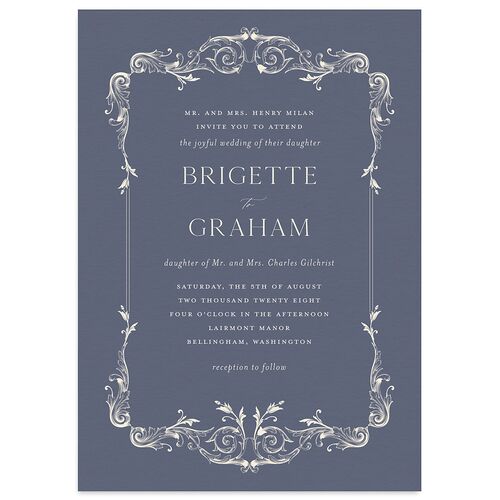 Vintage Ornate Frame Wedding Invitations Moody Blue Signature Blank No Standard