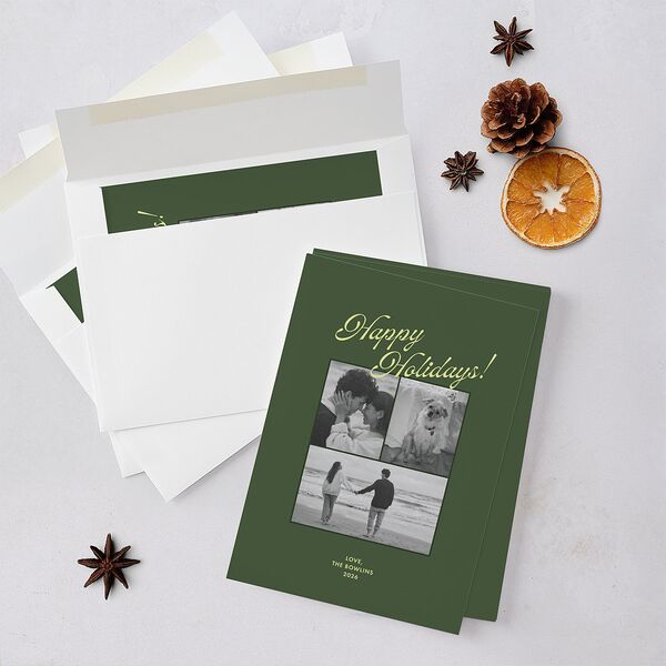 Retro Minimalist Photo Triad Holiday Cards Scottish Green Signature Blank Standard