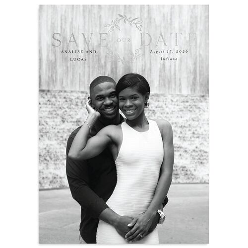 Monogram Leaves Save The Date Cards Silver Charcoal Signature smooth Blank No