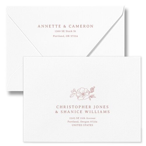 Floral Border Wedding Invitation Euro Envelopes White Desert Rose Both Recipient and Return Addresses Luxe Signature