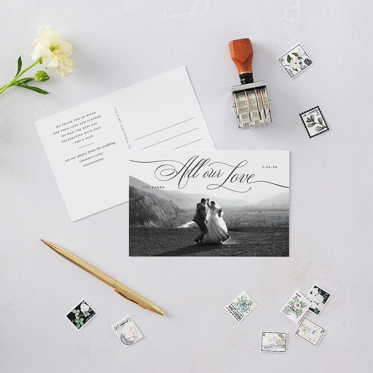 Grand Calligraphy Thank You Postcards Medieval Grey