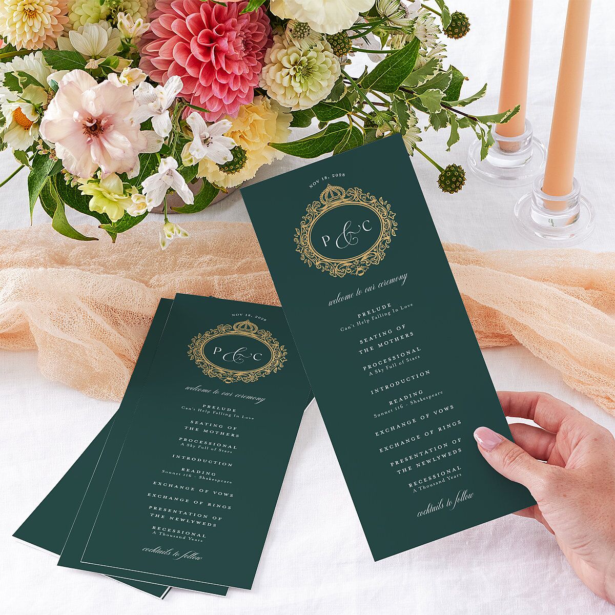 Glamorous Crown Monogram Crest Wedding Programs by Bridgerton Gold Deep Lake Signature