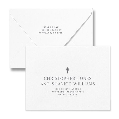 Western Desert Cactus Save the Date Petite Card Euro Envelopes Dusty Blue White Both Recipient and Return Addresses Luxe Signature
