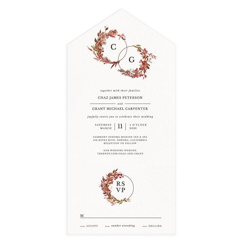 Leafy Hoops All-in-One Wedding Invitations Rust Signature Light Both Recipient and Return Addresses No