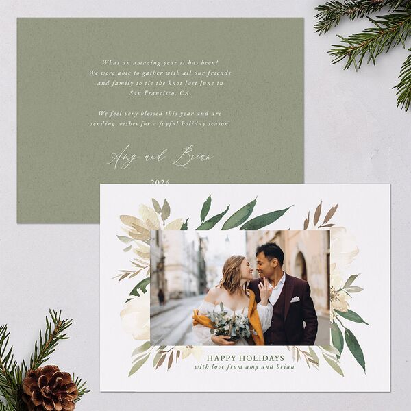 Holiday Greenery Frame Holiday Cards Deep Olive Signature Blank Standard Landscape