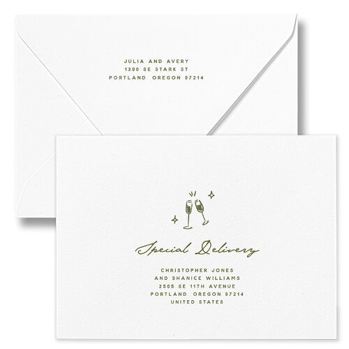Hand Drawn Cake Save The Date Card Euro Envelopes White Dark Camo Both Recipient and Return Addresses Luxe Signature