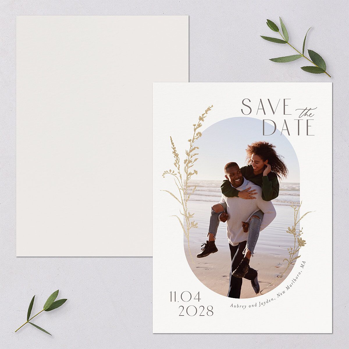 Minimal Wildflower Save the Date Cards Gold Off-White Signature smooth Blank No