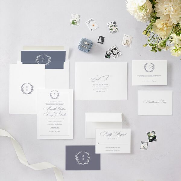 Monogram Branches Botanical Wedding Invitations Regency Blue Signature Blank No Rounded