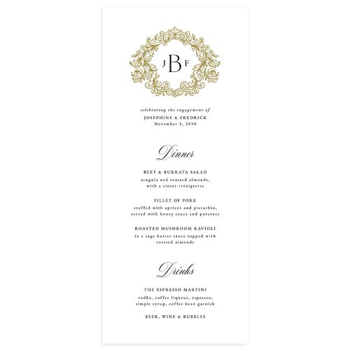 Black Tie Crest Engagement Party Menus Pure White Signature