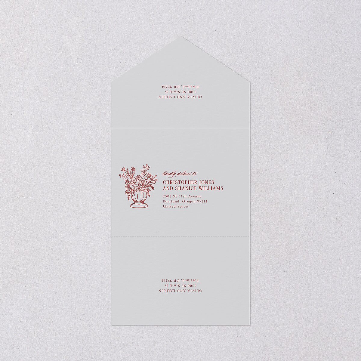 Vintage Vase All-in-One Wedding Invitations Burgundy Signature Light Both Recipient and Return Addresses No