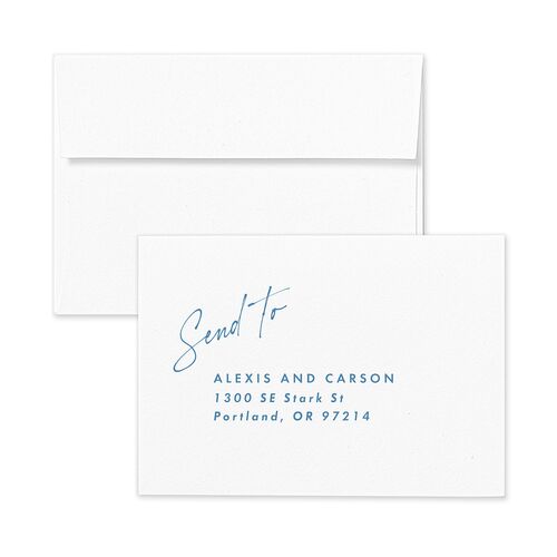 Elegant Modern Portrait Script Response Card Envelopes White Sea Blue Return Address Signature Standard