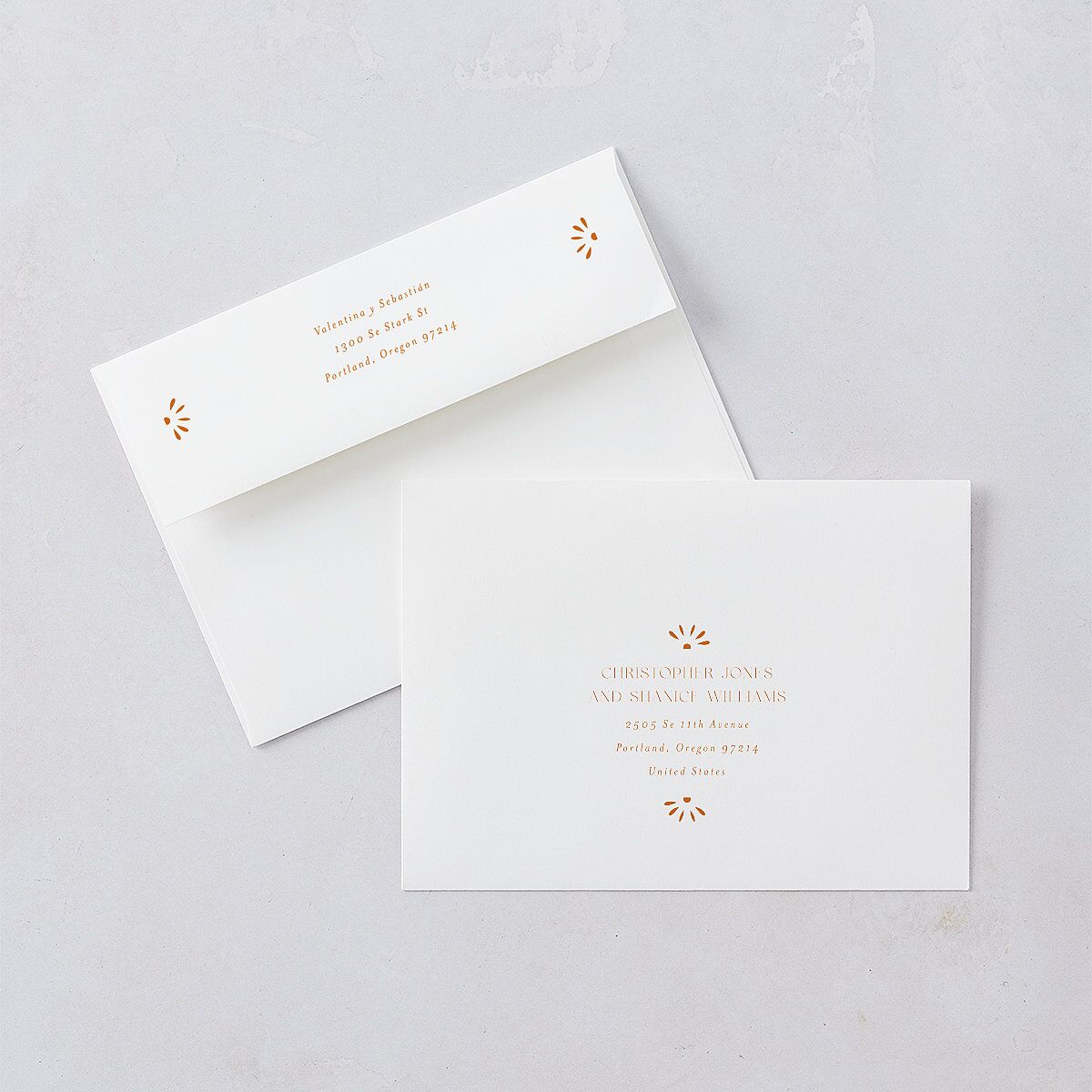 Hacienda Elegante Rehearsal Dinner Invitation Envelopes White Cinnamon Both Recipient and Return Addresses Signature Standard