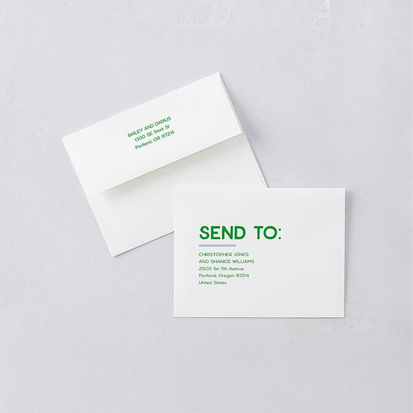 Hand Drawn Party Save the Date Petite Card Envelopes White Jewel Green Both Recipient and Return Addresses Signature Standard
