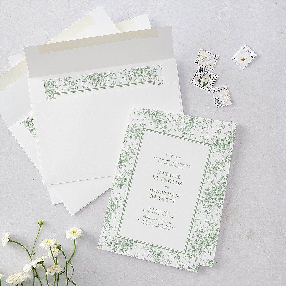 Antique Garden Lace Floral Wedding Invitations Moss Signature Blank No Standard