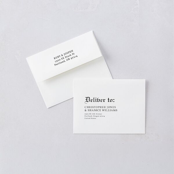 Minimalist Gothic Photo Save the Date Petite Card Envelopes White Ivory Both Recipient and Return Addresses Signature Standard