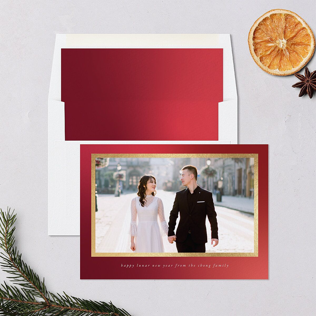 Lunar New Year Hues Holiday Cards Gold Garnet Signature Blank Standard Landscape