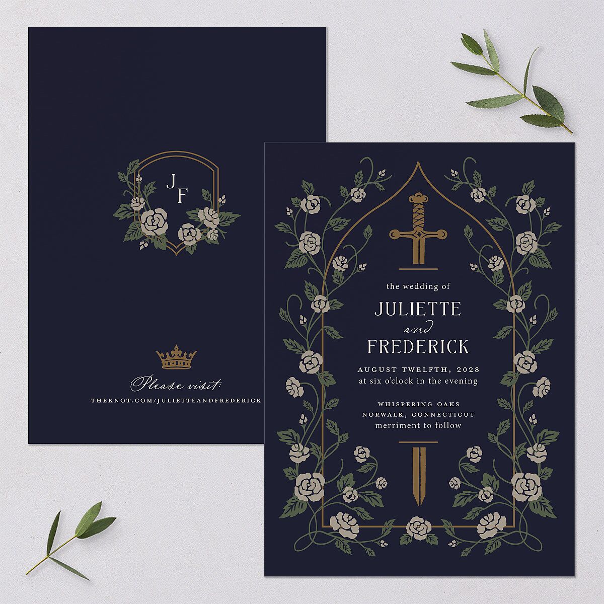 Sword and Roses Fantasy Garden Wedding Invitations Dark Navy Signature Blank No Standard