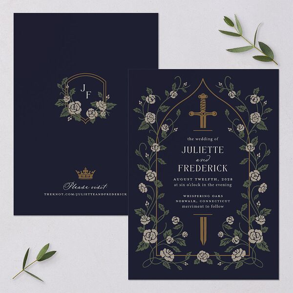 Sword and Roses Fantasy Garden Wedding Invitations Dark Navy Signature Blank No Standard