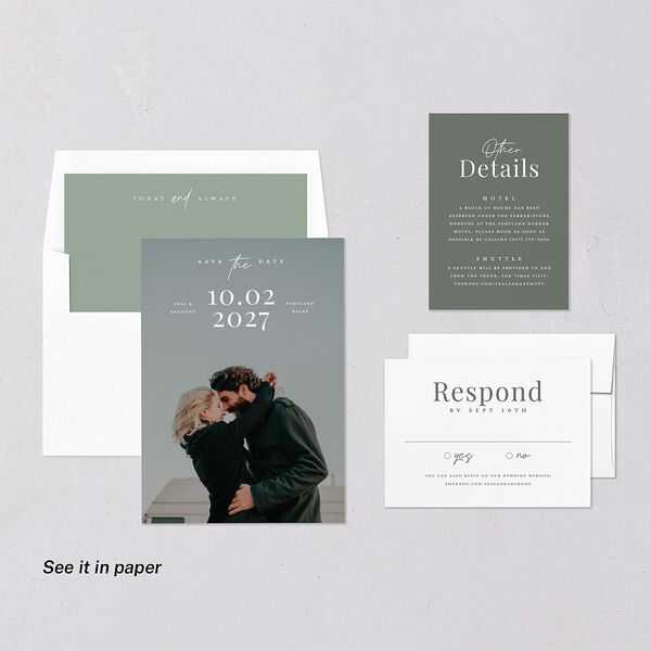 Our Date Photo Digital Save the Date Cards Eucalyptus Dusty Blue Lets Celebrate Standard
