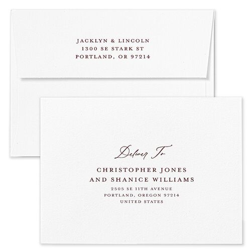 Elegant Vintage Images Save The Date Card Envelopes White Burgundy Both Recipient and Return Addresses Signature Standard