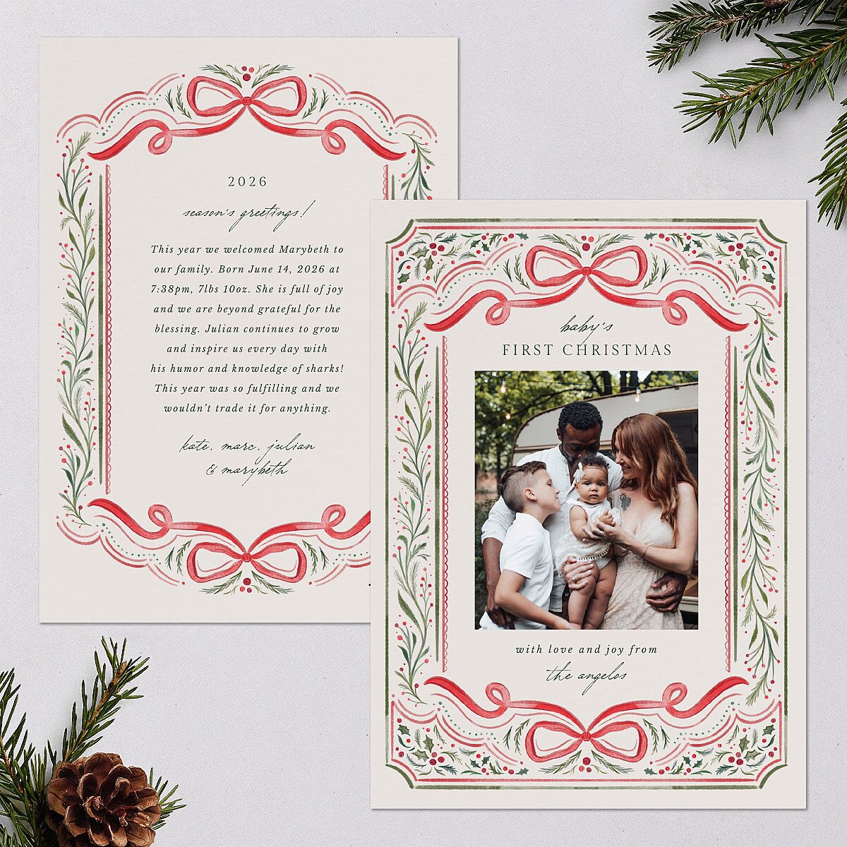 Baby's First Christmas Bow Garland Holiday Cards Ruby Signature Blank Portrait Standard