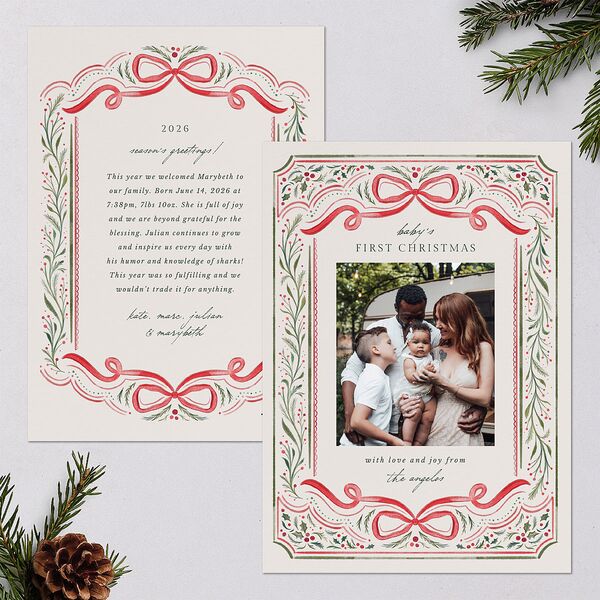 Baby's First Christmas Bow Garland Holiday Cards Ruby Signature Blank Portrait Standard