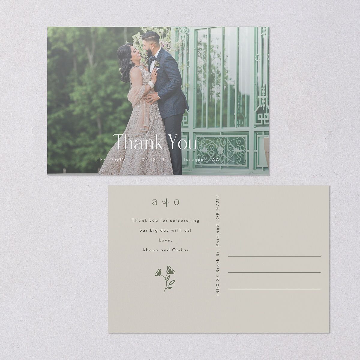Rustic Nouveau Thank You Postcards Hunter Green
