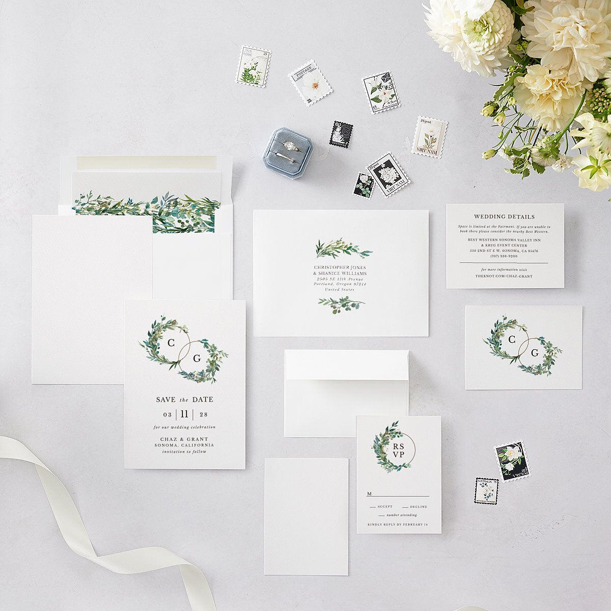 Leafy Hoops Save The Date Cards Eucalyptus Signature smooth Blank No Standard