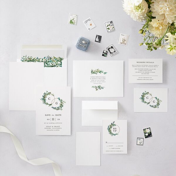 Leafy Hoops Save The Date Cards Eucalyptus Signature smooth Blank No Standard