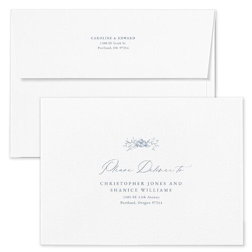Antique Victorian Botanical Rehearsal Dinner Invitation Envelopes White Dusty Blue Both Recipient and Return Addresses Signature Standard