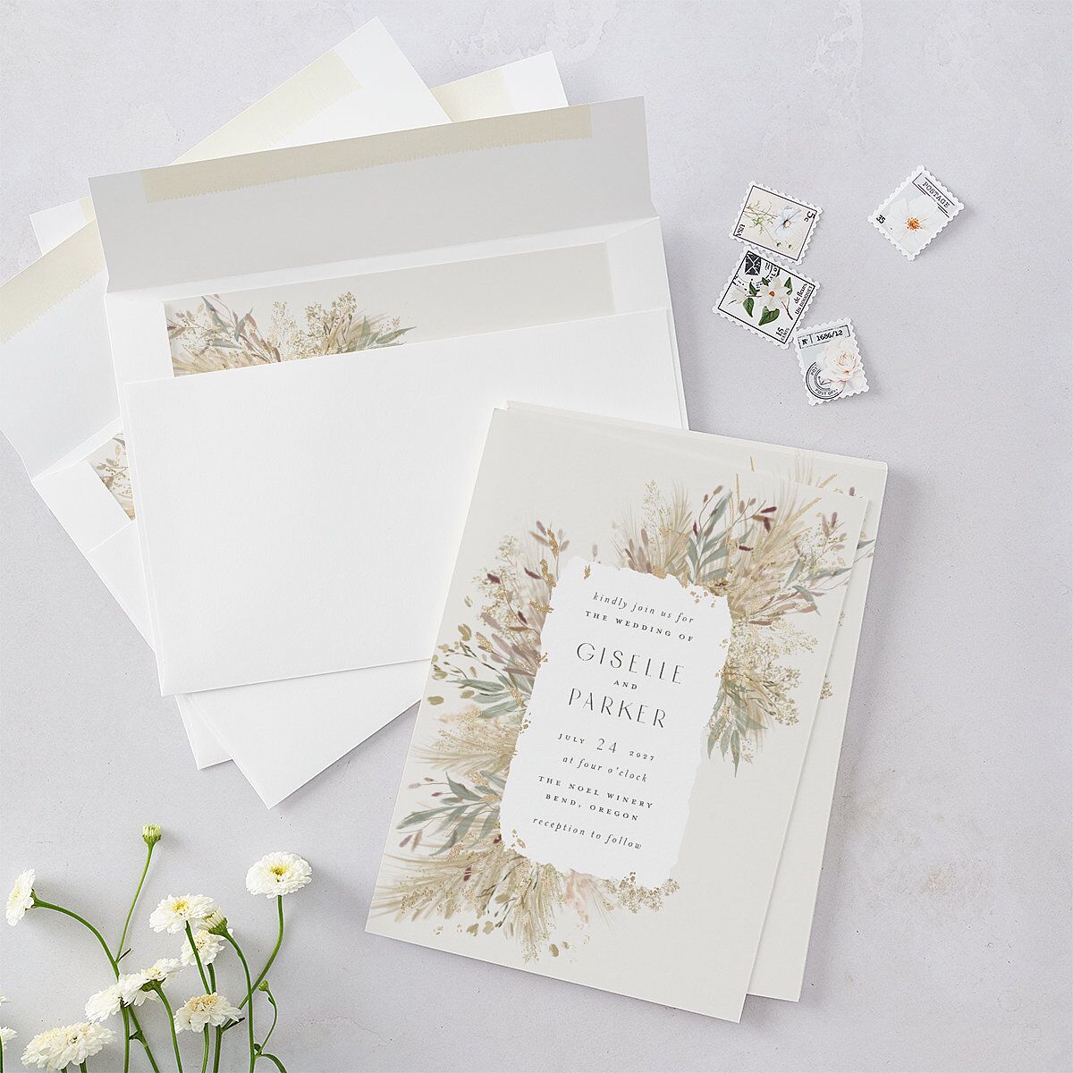 Ethereal Pampas Wedding Invitations Gold Thyme Signature Blank No Standard