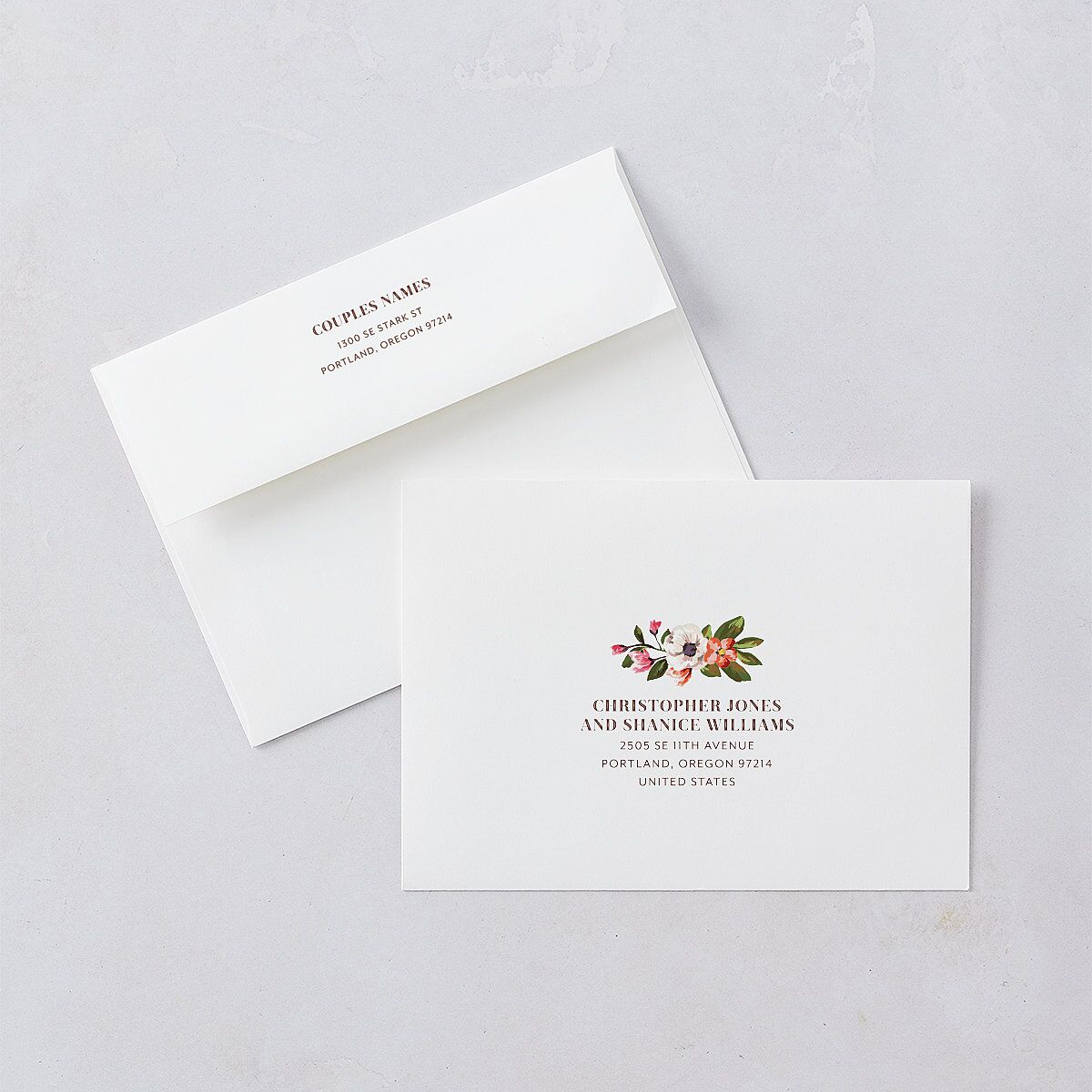 Bronze Floral Frame Save The Date Card Envelopes White Standard Ivory Both Recipient and Return Addresses Signature
