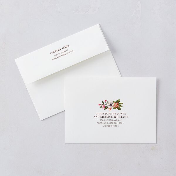 Bronze Floral Frame Save The Date Card Envelopes White Standard Ivory Both Recipient and Return Addresses Signature