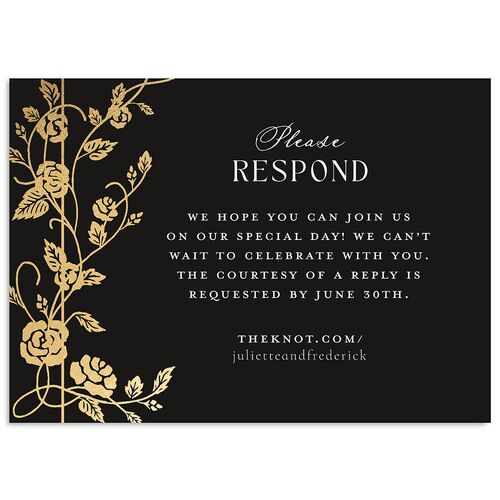 Sword and Roses Fantasy Garden Foil Wedding Response Cards Charcoal Gold Signature Standard