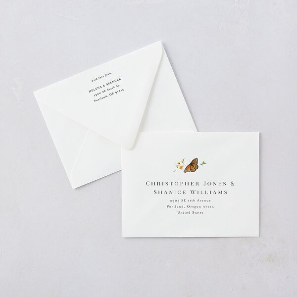 Rustic Butterfly Garden Save the Date Magnet Euro Envelopes White Pure White Both Recipient and Return Addresses Luxe Signature
