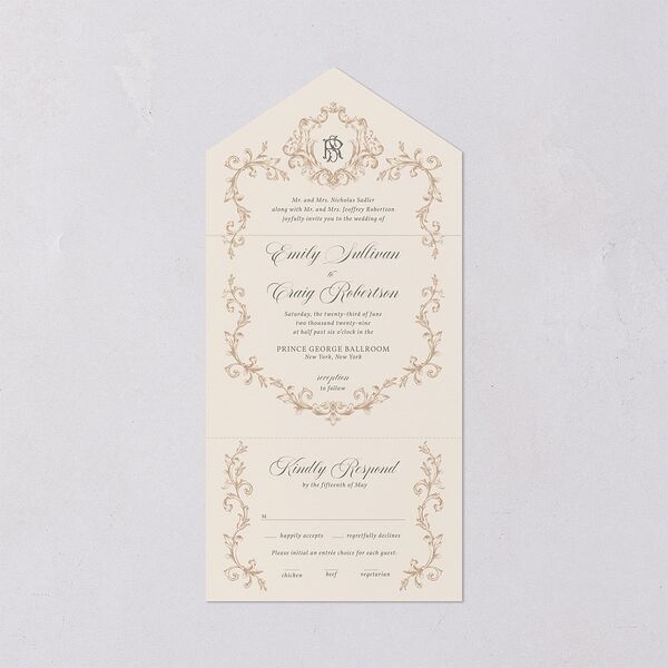 Vintage Regency Monogram Frame All-in-One Wedding Invitations Champagne Signature Light Both Recipient and Return Addresses No