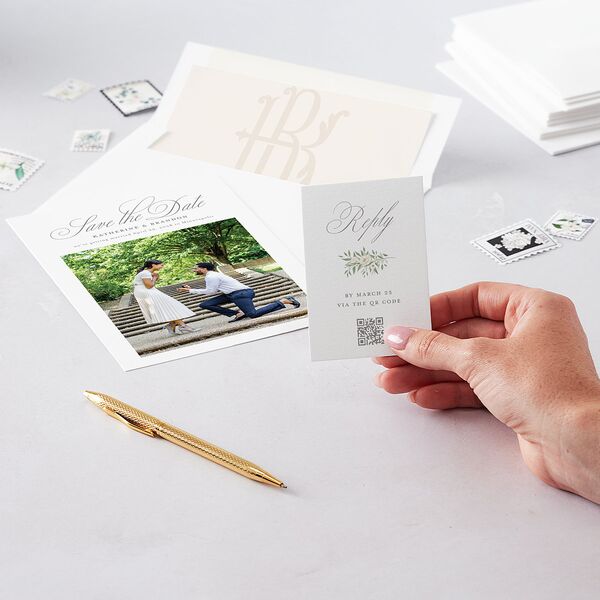 Luxury Floral Monogram QR Code RSVP Cards Cotton Signature Standard