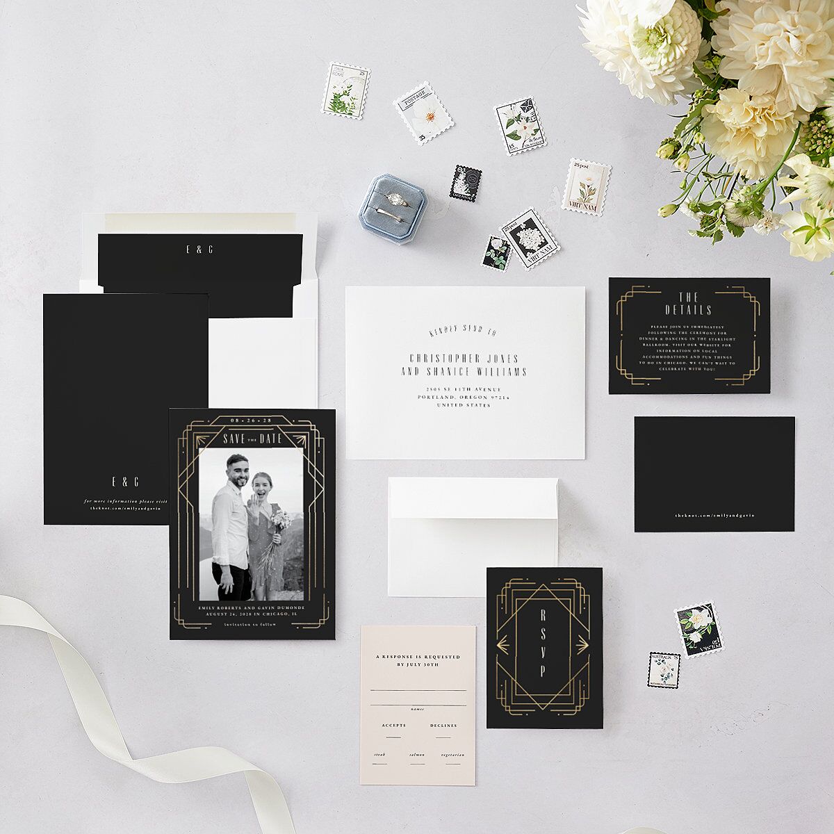 Vintage Deco Save The Date Cards Gold Charcoal Signature smooth Blank No Standard