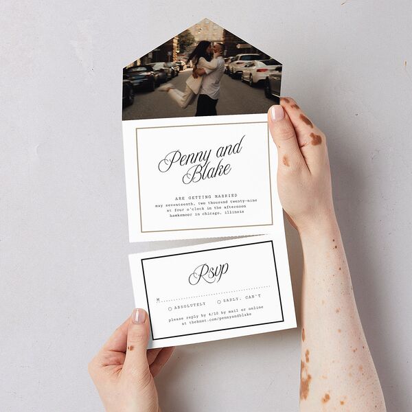 Vintage Script All-in-One Wedding Invitations Pure White Signature Light Both Recipient and Return Addresses No