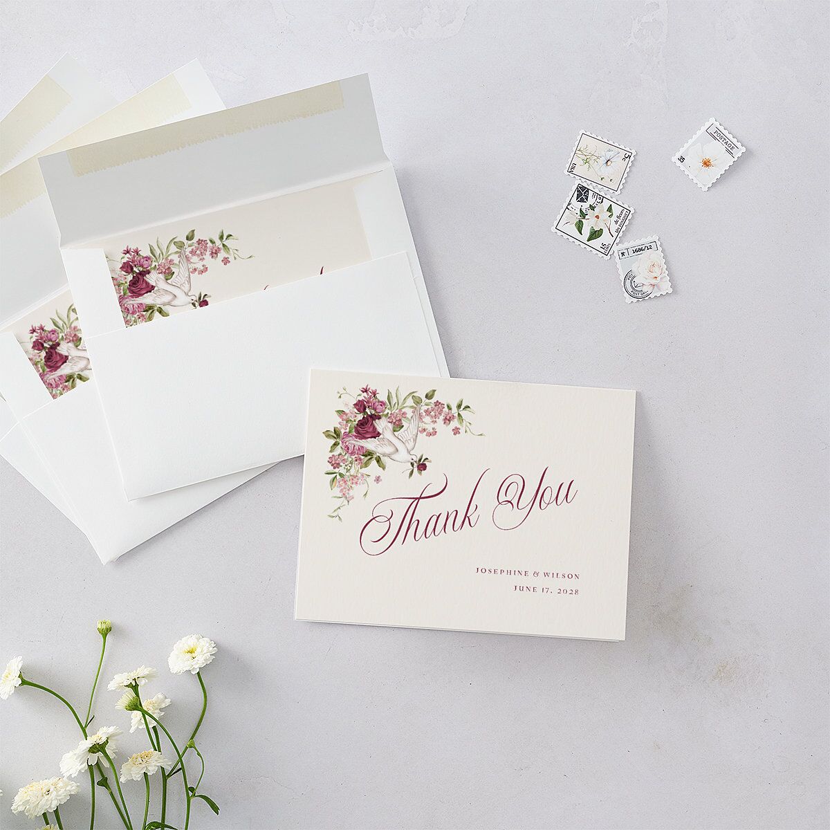 Vintage Love Doves Thank You Cards Shell Pink